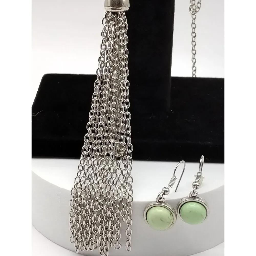 Necklace and Matching Earrings in a Mint Green Stone with Silver tone Tassel